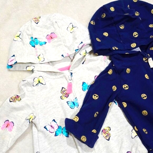 Carter’s Hooded Rompers 12M – Butterfly & Smiley Print 2-Pack EUC Cotton Soft - Picture 2 of 10